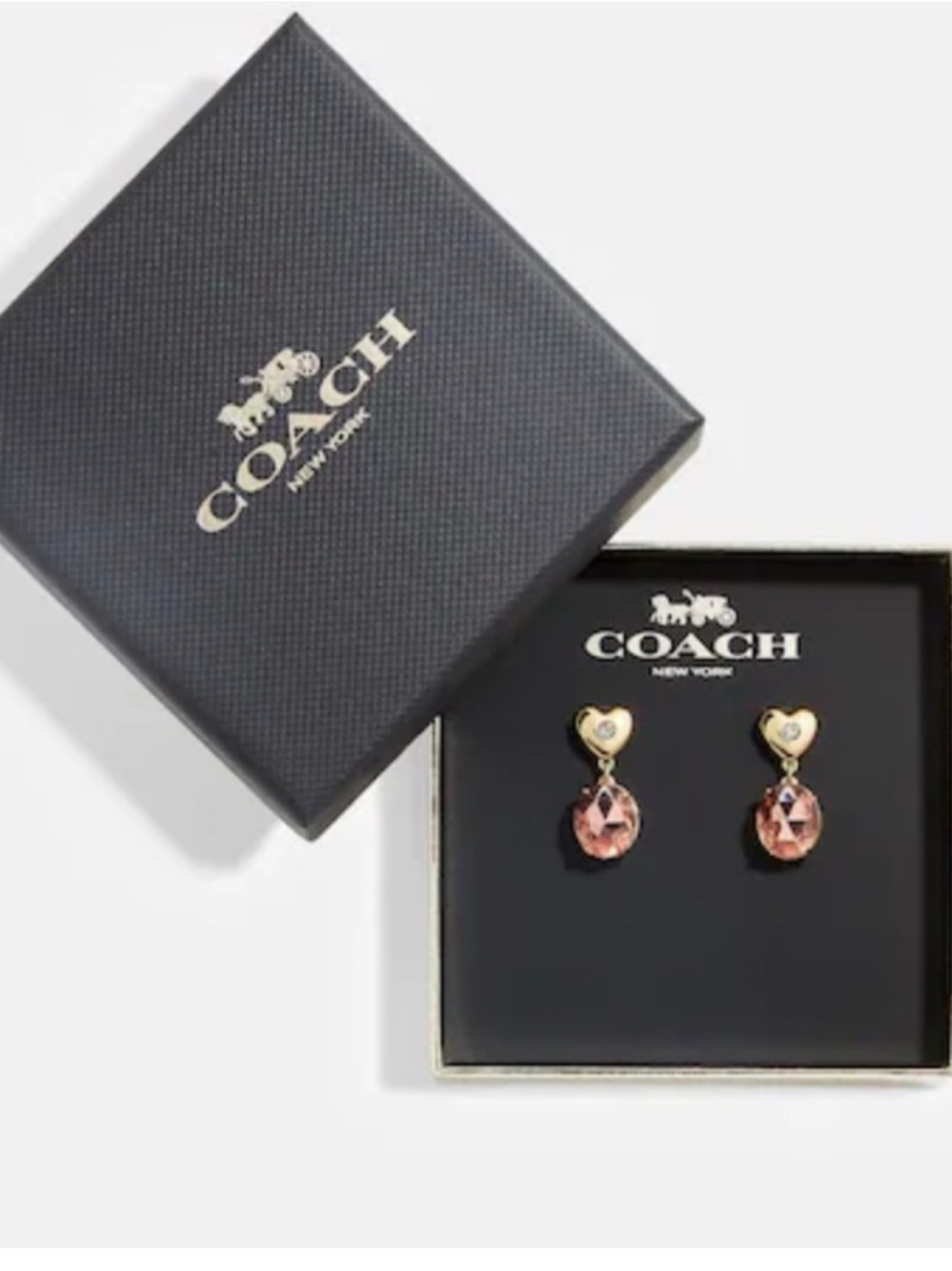 COACH Pink Crystal Heart Drop Earrings - Gold Tone